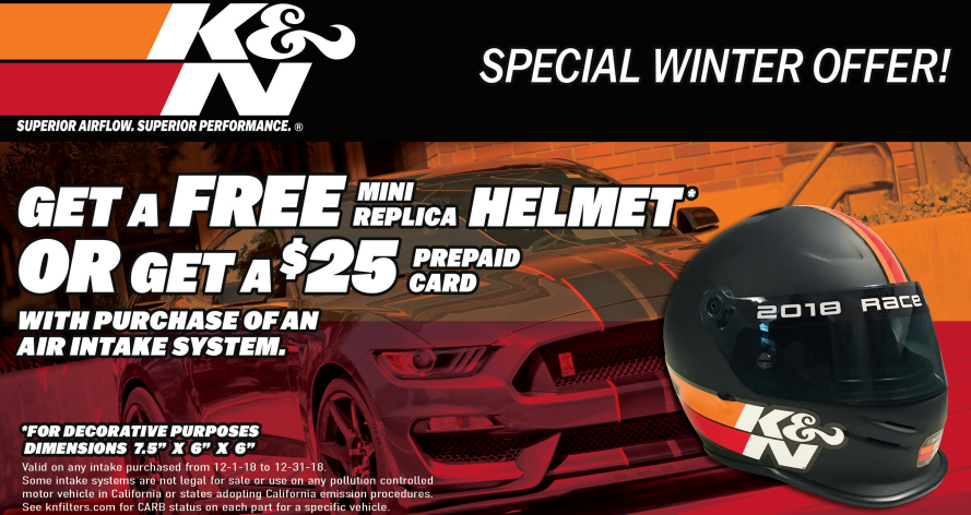 K&N Free Mini Helmet or $25 Card on Air Intakes