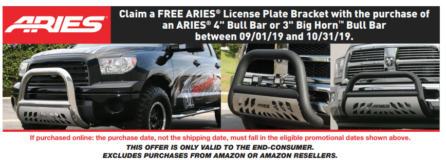 ARIES: Get Free License Plate Bracket with 4” Big Horn or 3” Bull Bar Purchase